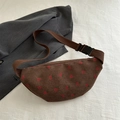 Brown corduroy crossbody bag featuring red strawberry embroidery and adjustable strap - Brown