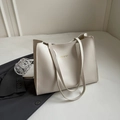Minimalist cream white large capacity tote bag in smooth PU leather with golden text - Off White