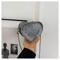 Detail of silver heart-shaped mini crossbody bag with sparkling rhinestones and metal chain - Silver