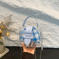 Transparante PVC-handtas met lichtblauw handvat en geruite pouch met trekkoord - Blauw