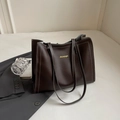 Dark brown large tote bag with contrast white stitching and long handles for work - Brown