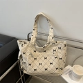 Borsa tote in velluto a coste beige con trapuntatura a rombi e fiocchi neri ricamati - Bianco Sporco