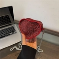 Mini red heart-shaped sequin crossbody bag with slim silver chain and diamond texture - Red