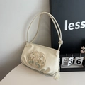 Sac bandoulière beige avec broderie florale chinoise traditionnelle et gland décoratif - Avec Pendentif / Blanc Cassé