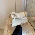 Minimalist beige canvas crossbody square bag with unique thick rope shoulder strap and gold tips - White