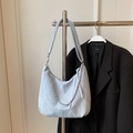 Light blue pleated hobo bag with adjustable strap and decorative silver metal chain - Blue