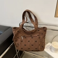 Borsa tote in velluto a coste marrone con fiocco ricamato e tracolle lunghe - Rosa