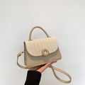 Beige minimalist square crossbody bag with woven texture flap and round gold buckle - Khaki