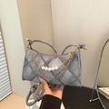Gray crescent shoulder bag with denim texture, gold chain and pearl strap details - Gray
