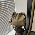 Olive green nylon bucket bag with pleats, plush doll pendant, and adjustable strap - Green Without Pendant