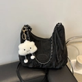 Fashionable black pleated crossbody bag with cloud charm and silver chain strap - Black With Pendant