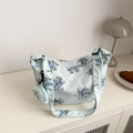Light blue corduroy tote bag with dark blue floral print and detachable round pouch - Light Blue Floral