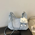 Light blue pleated hobo bag with silver chain strap and cute cloud plush charm - Blue with Pendant