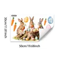 Detail of Easter wall stickers with watercolor rabbits, eggs, and carrots on white background - Three Rabbits at Tree Stump with Eggs Style (M20780)