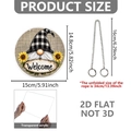 Detailed view of 2D acrylic gnome welcome sign with metal chain and size specifications - Gardening Gnome Sunflower Style (DP20028)