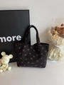 Sac fourre-tout en velours côtelé noir avec imprimés fraises rouges et grande capacité - Noir