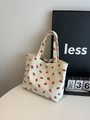 Sac fourre-tout en velours côtelé crème avec imprimé fraise et bouton pression - Blanc Cassé