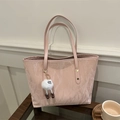 Pink tote bag with pleated texture and plush pendant for casual commuting style - Pink With Pendant