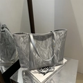 Silver metallic tote bag with wrinkled texture and long shoulder straps for women - Silver