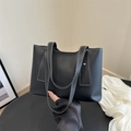 Black medium tote bag in matte faux leather with contrast white stitching detail - Black
