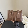 Brown large capacity tote bag in lychee pattern leather with gold rivet accents - Brown