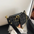 Fashionable black woven lattice dumpling bag with gold chain and wide shoulder strap - Black