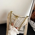 Chic apricot tweed dumpling bag with gold chain strap and crossbody saddle design - White