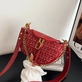 Red tweed and leather dumpling saddle bag with chunky gold chain and wide shoulder strap - Red
