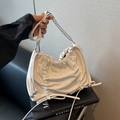 Chic beige pleated cloud tote bag with silver chain strap and drawstring detail - Off White