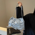 Light blue ruched cloud tote bag with silver chain strap and drawstring detail - Blue