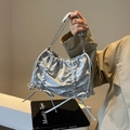 Silver-grey pleated cloud tote bag with marble texture and metallic chain strap - Silver