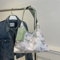 Borsa tote bianca con stampa a farfalla, bordo verde e piccola custodia coordinata - Verde
