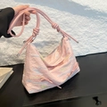 Rosa plissierte Canvas-Tasche mit bunter Stickerei und Schleifen-Details für Damen - Rosa