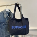 Borsa tote blu scuro con stampa Support e coulisse regolabile sul lato della borsa - Nero Con Lettere Blu
