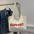 Borsa tote bianco panna con scritta SUPPORT rossa e dettagli con coulisse - Lettere Rosse / Bianco
