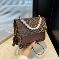Fashionable leopard print handbag with pearl handle and brown leather splice detail - Leopard Print