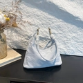 Light blue crossbody bag with pleated texture and marble bead handle accents - Pleated Texture White Bead (Blue) / Blue