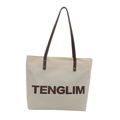 Borsa tote minimalista in tela con manici in pelle marrone e stampa della scritta TENGLIM - Bianco Sporco