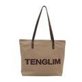 Grande borsa tote in tela beige con manici in pelle marrone e scritta TENGLIM nera - Cachi
