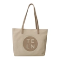 Minimalistische beige Canvas-Einkaufstasche mit braunen Lederriemen und TELN-Logo-Detail - Horizontal Khaki