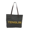 Borsa tote in tela grigio scuro con scritte gialle e manici in finta pelle marrone - Grigio