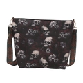 Schwarze Canvas-Umhängetasche mit Totenkopf-Blumenprint und buntem Webgurt - Braun