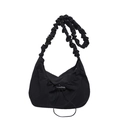 Minimalist black pleated nylon tote bag with scrunchie shoulder strap and drawstring closure - Black