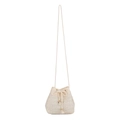Mini Stroh-Beuteltasche in Beige mit Kordelzug und goldenen Perlen-Details - Gebrochenes Weiß