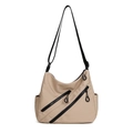Khaki large capacity crossbody tote bag with double front zippers and nylon texture - Khaki