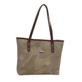 Grande borsa tote minimalista in tela kaki con motivo marmoreo e manici in pelle marrone - Borsa / Bianco Sporco