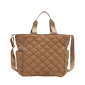 Brown quilted tote bag with diamond stitching and adjustable shoulder strap for women - Khaki