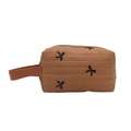 Brown quilted stationery pouch with black bow embroidery and side carrying handle - Khaki