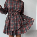 Ensemble robe chemise à carreaux 2025 pour femme avec manches longues et ceinture nouée - Rouge