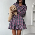 Robe chemise à carreaux rose et gris avec manches longues et ceinture à la taille - Rose
